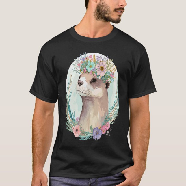 Cute Otter Flower Crown Floral Animal T-Shirt (Front)
