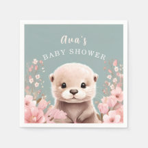 Cute Otter Girl Baby Shower Sage & Pink Floral