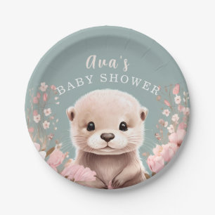 Cute Otter Girl Baby Shower Sage & Pink Floral Paper Plate