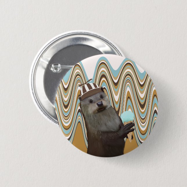 Cute Otter Holding Ice-cream On Swirl Background 6 Cm Round Badge (Front & Back)