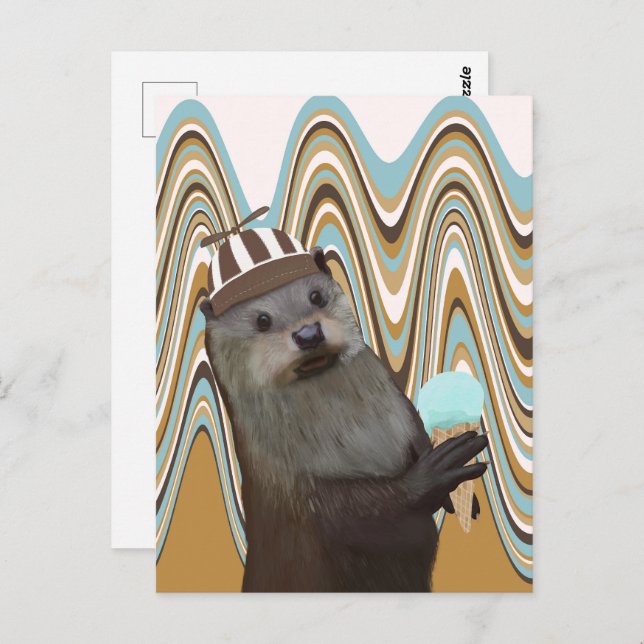 Cute Otter Holding Ice-cream On Swirl Background Postcard (Front/Back)