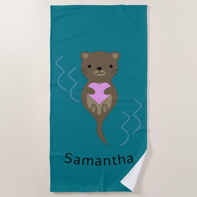 Cute Otter Hugging a Heart Beach Towel (Front)