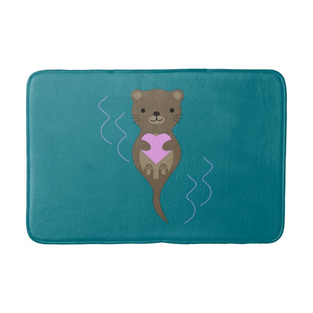 Cute Otter Hugging a Pink Heart Bath Mat (Front)
