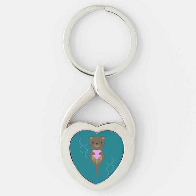 Cute Otter Hugging a Pink Heart Key Ring (Front)