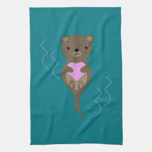Cute Otter Hugging a Pink Heart Tea Towel