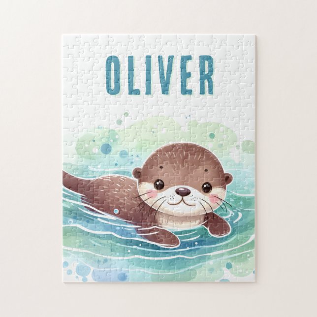 Cute Otter Illustration Custom Name Jigsaw Puzzle (Vertical)