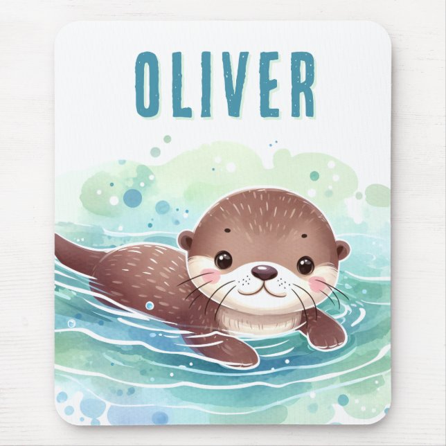 Cute Otter Illustration Custom Name Mouse Pad (Front)