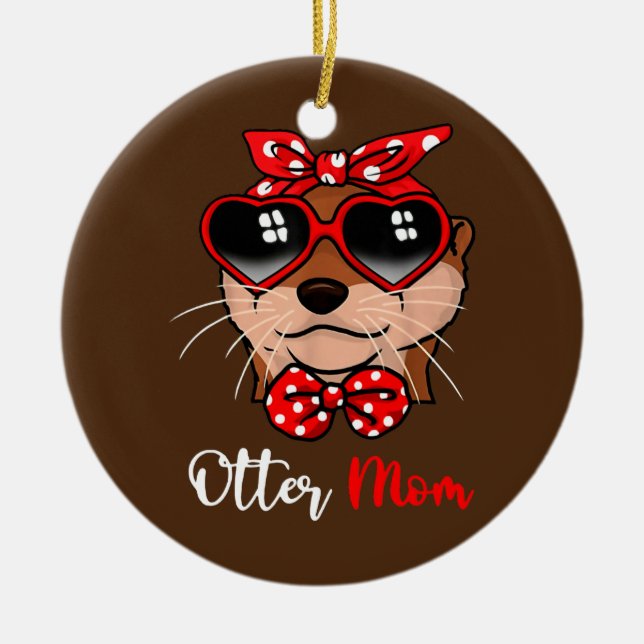 Cute Otter Mum Funny Bow Turban Glasses  Ceramic Tree Decoration (Front)