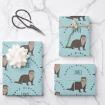 Cute Otter Pattern Custom Name Birthday Wrapping Paper Sheet<br><div class="desc">A cute otter illustration pattern with a blue colour background. An adorable design for anyone who loves wild animals,  otters,  wildlife patterns. Perfect gift for kids and adults.</div>