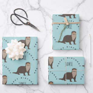 Cute Otter Pattern Custom Name Birthday Wrapping Paper Sheet