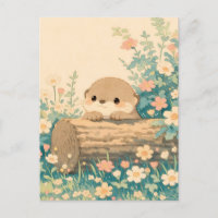 Cute Otter Peeking Over Log in Meadow