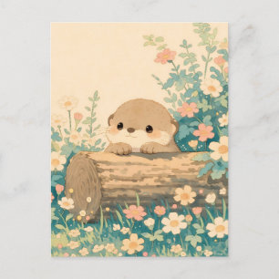 Cute Otter Peeking Over Log in Meadow Postcard