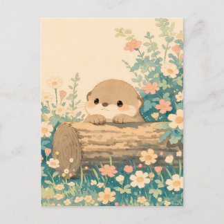 Cute Otter Peeking Over Log in Meadow Postcard