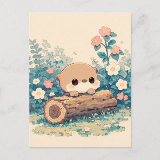 Cute Otter Peeking Over Log in Meadow Postcard