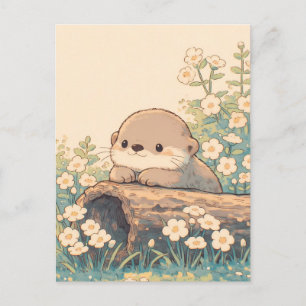 Cute Otter Resting on Log in Flower Meadow Postcard