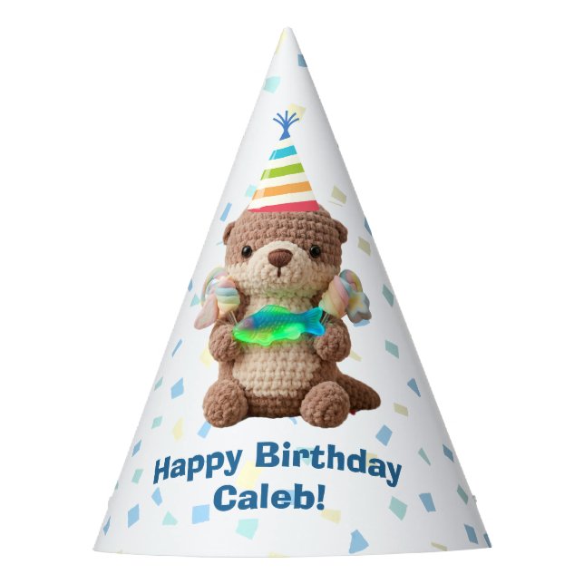 Cute Otter Themed Personalised Birthday Party Hat (Front)