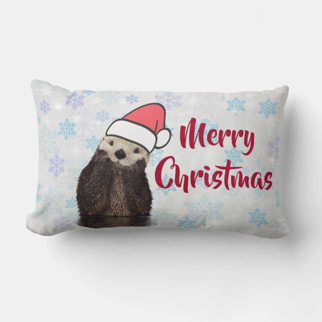 Cute Otter Wearing a Santa Hat Merry Christmas Lumbar Cushion (Front)