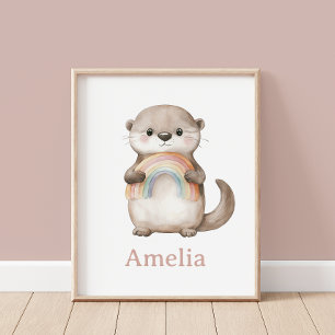 Cute Otter With A Rainbow Baby Name Nursery Wall Poster