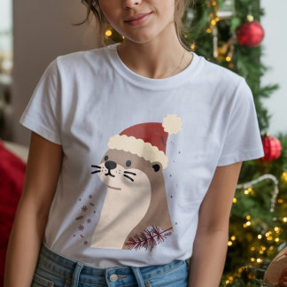 Cute otter with Christmas hat, Holiday Animal Tri-Blend Shirt