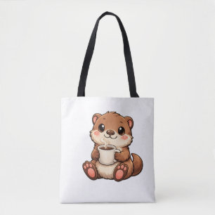 Cute Otter with Coffee – Cozy Kawaii Animal Tote Bag