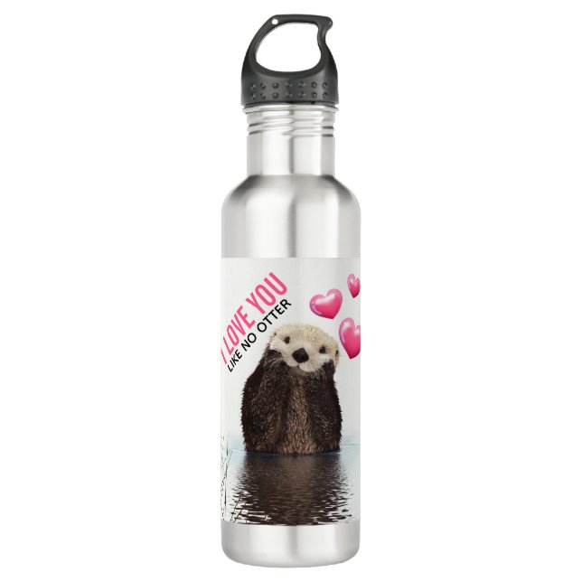 Cute Otter with Pink Hearts Love You Pun 710 Ml Water Bottle (Front)