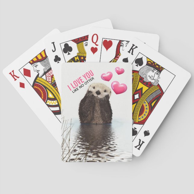 Cute Otter with Pink Hearts Love You Pun Playing Cards (Back)