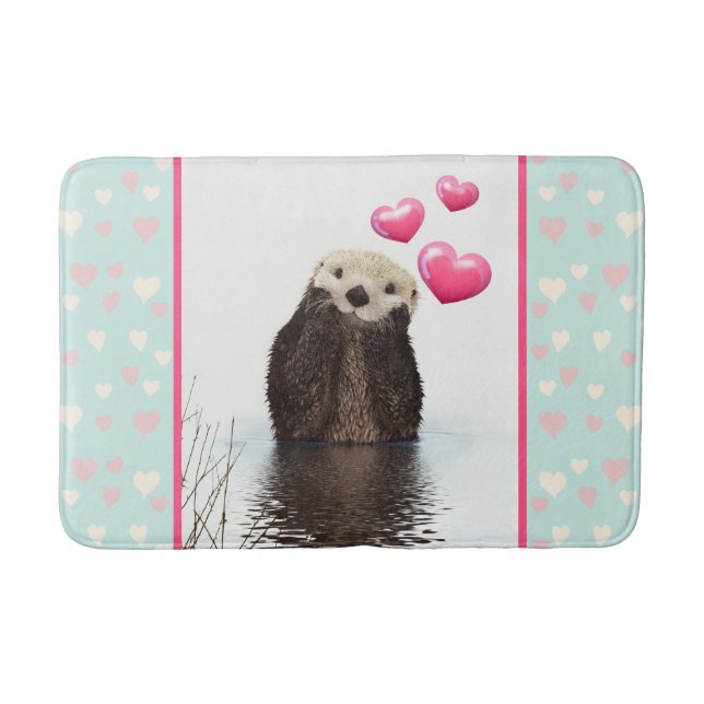 Cute Otter with Pink Love Hearts Bath Mat (Front)