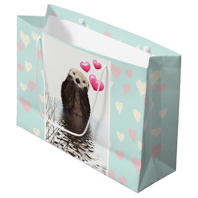 Cute Otter with Pink Love Hearts Large Gift Bag (Front Angled)