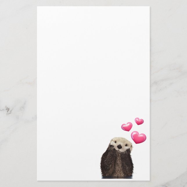 Cute Otter with Pink Love Hearts Stationery (Front)