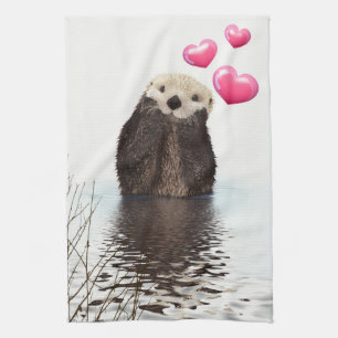 Cute Otter with Pink Love Hearts Tea Towel