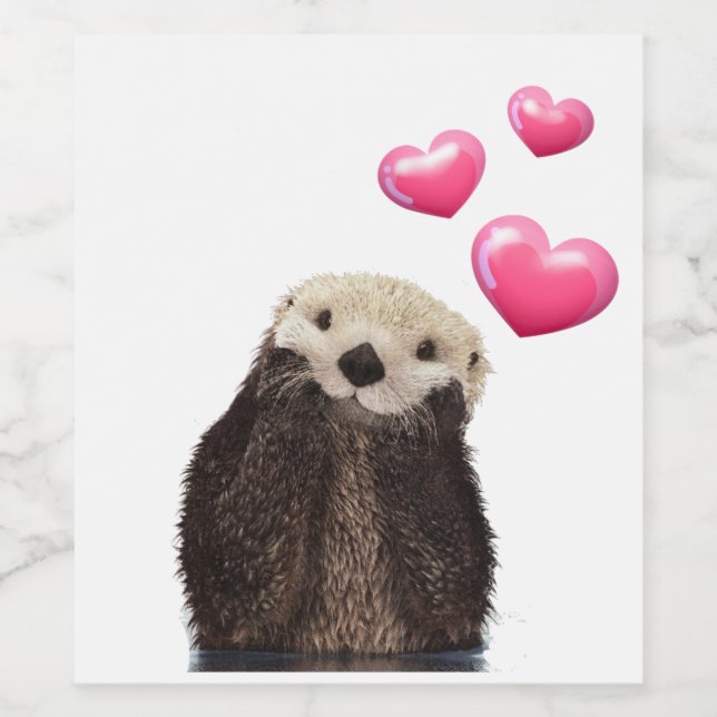 Cute Otter with Pink Love Hearts Wine Label (Single Label)