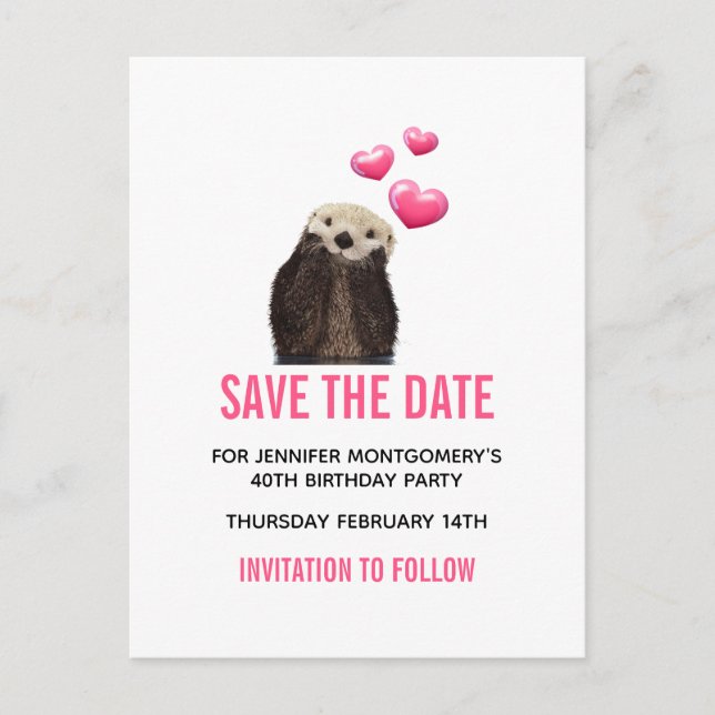 Cute Otter with Valentines Hearts Save the Date Postcard (Front)