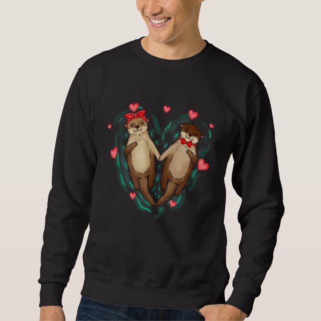 Cute Otters Couples Love Hearts Retro Style Valent Sweatshirt (Front)