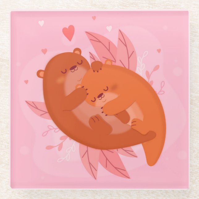 Cute Otters Glass Coaster (Front)
