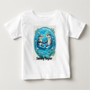Cute Otters in blue water. Water lily pad Editable Baby T-Shirt