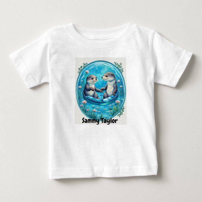 Cute Otters in blue water. Water lily pad Editable Baby T-Shirt (Front)