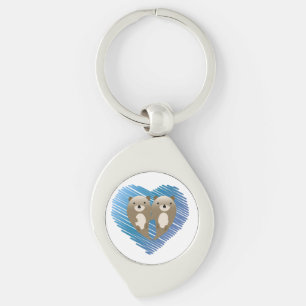 Cute Otters with Blue Heart in the Background Key Ring
