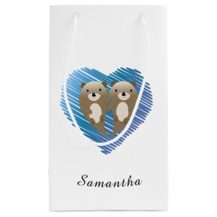 Cute Otters with Blue Heart in the Background Small Gift Bag