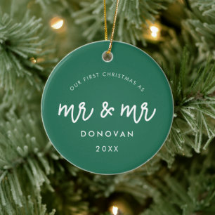 Cute Our First Christmas as Mr & Mr Green LGBT Ceramic Tree Decoration