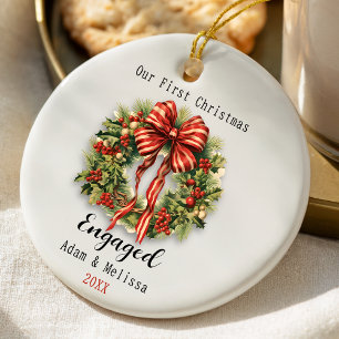 Cute our first Christmas engaged vintage wreath Ceramic Tree Decoration
