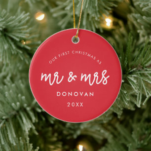 Cute Our First Christmas Married Photo Red Ceramic Tree Decoration