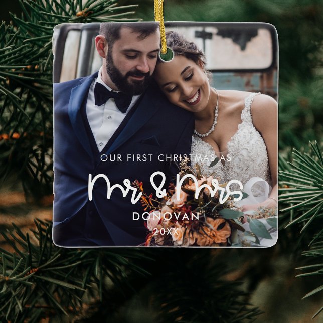 Cute Our First Christmas wedding photo Ceramic Ornament (Creator Uploaded)