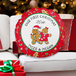 Cute Our First Christmas with Gingerbread Man  Round Cushion<br><div class="desc">Add your names and the year to this cute personalised,  "Our First Christmas" Christmas pillow with a cute gingerbread couple.</div>