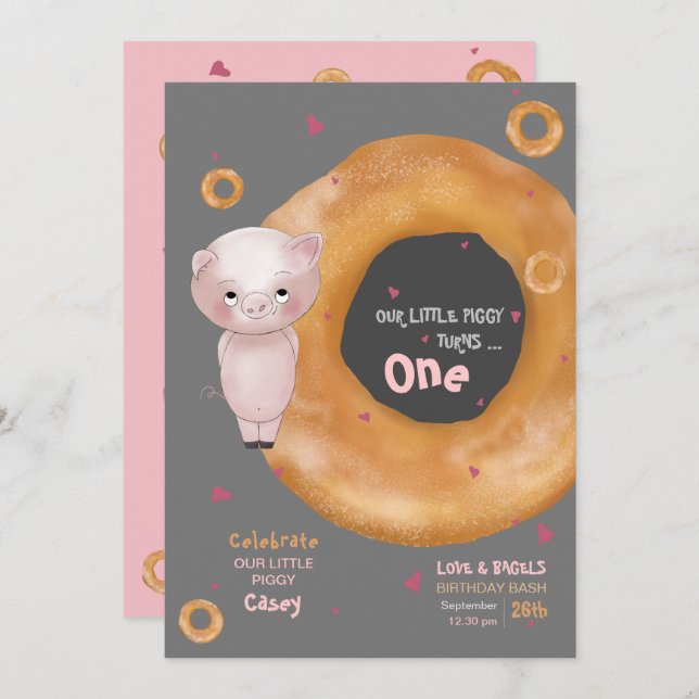 Cute "OUR LITTLE PIGGY"  |  “Love & Bagels”  Invitation (Front/Back)