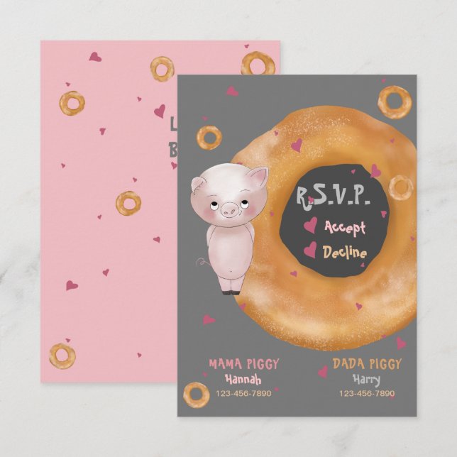 Cute "OUR LITTLE PIGGY"  |  “Love & Bagels” RSVP Card (Front/Back)