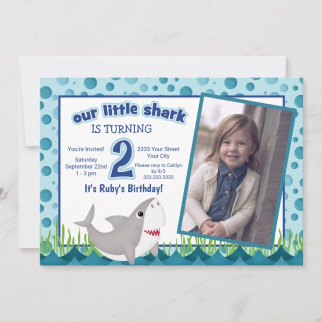Cute Our Little Shark Ocean Photo 2nd Birthday Invitation (Front)
