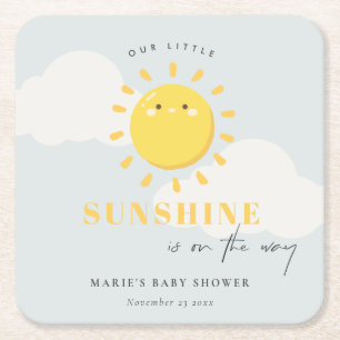 Cute Our Little Sunshine Blue Boy Baby Shower Square Paper Coaster