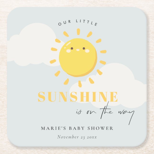 Cute Our Little Sunshine Blue Boy Baby Shower Square Paper Coaster (Front)