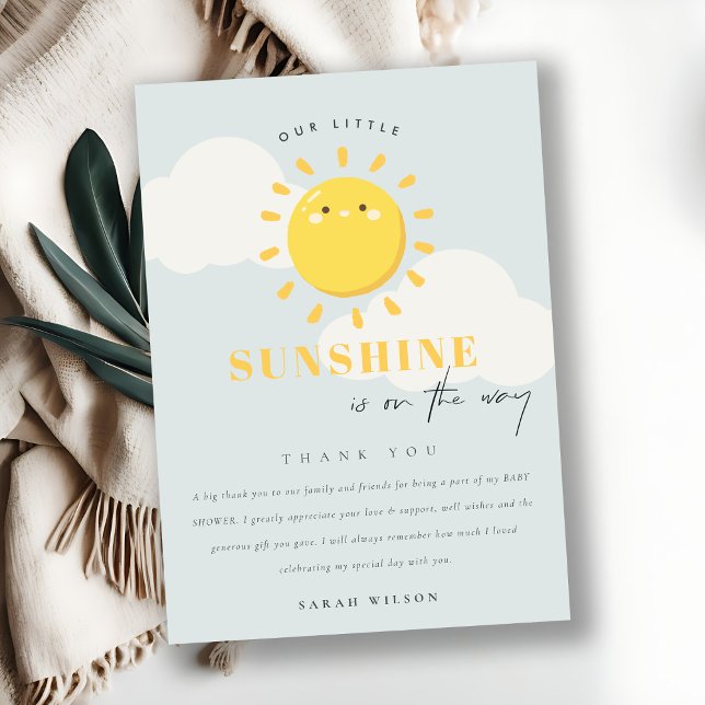 Cute Our Little Sunshine Blue Boy Baby Shower Thank You Card (Creator Uploaded)