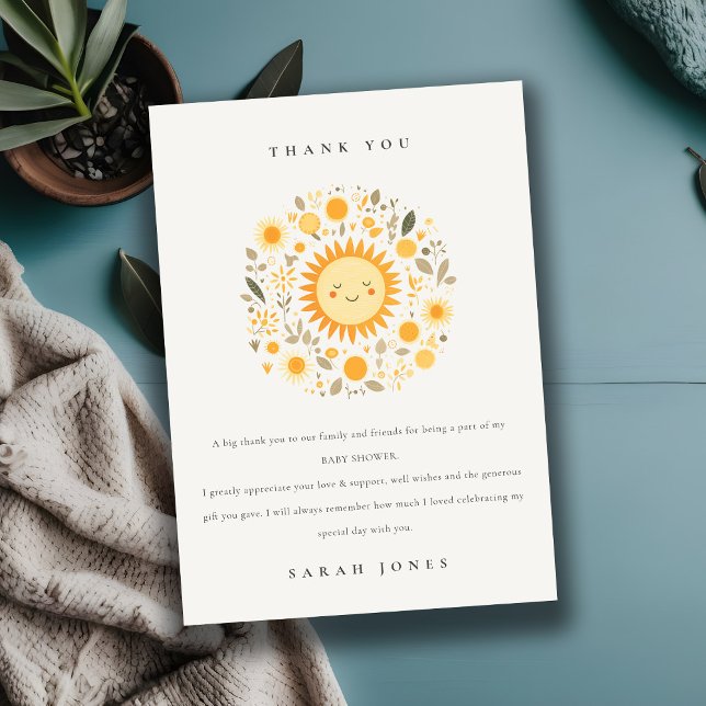 Cute Our Little Sunshine Boho Sun Baby Shower Thank You Card (Creator Uploaded)